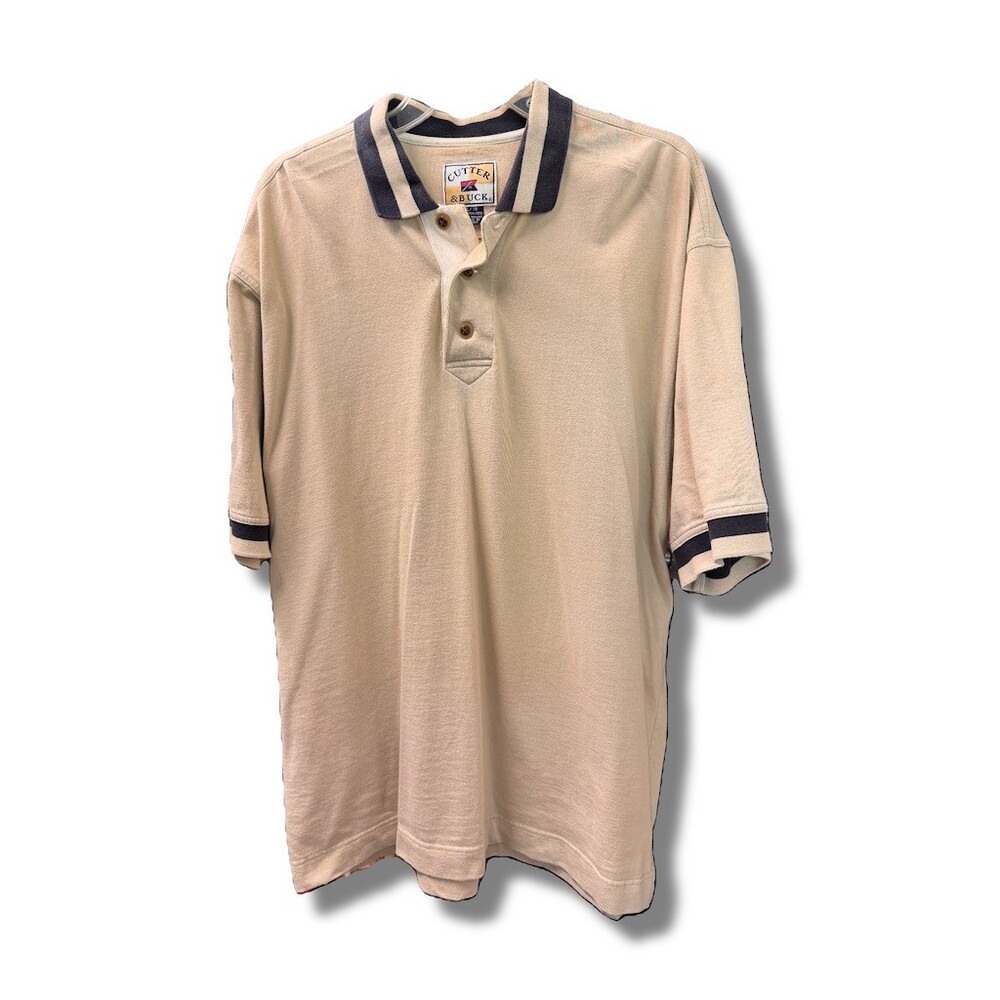 Cutter & Buck Men's Polo Shirt XL Beige Tan Navy Trim Golf Casual Short